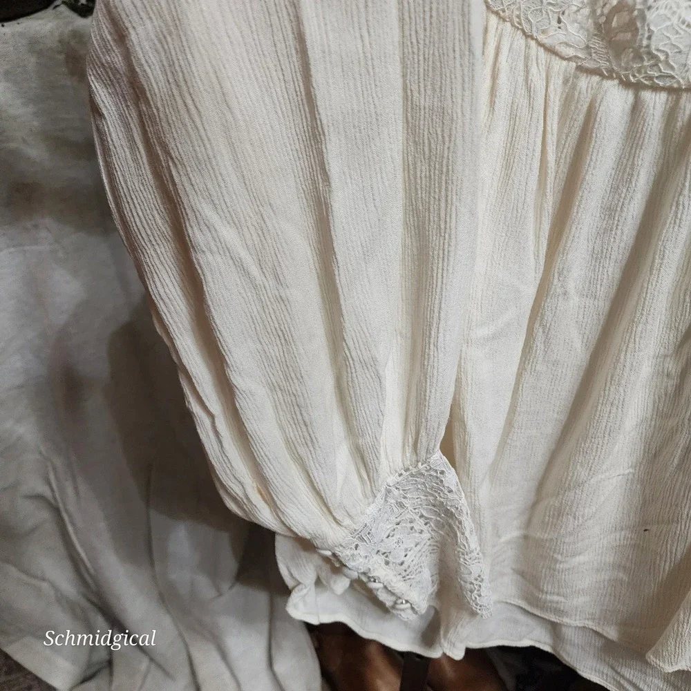 Free People Cream Lace Trim Peasant Blouse Long Sleeve Boho Top Medium